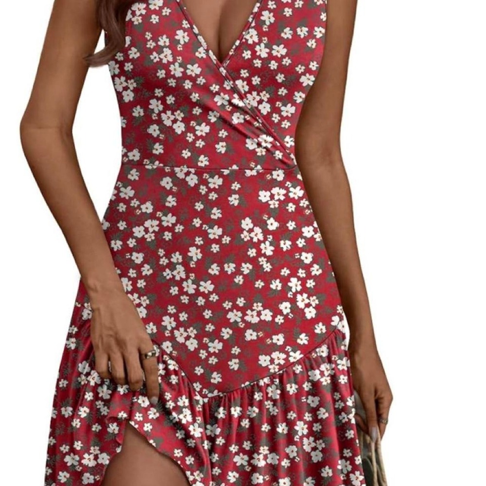 ANRABESS Women Red Floral Summer Mini Dress Wrap V Neck Boho Ruffle Sundress